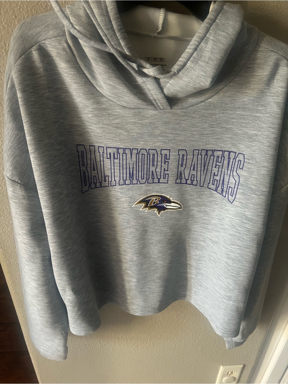NFL Baltimore Ravens Light Gray Cropped Hoodie with Purple Logo